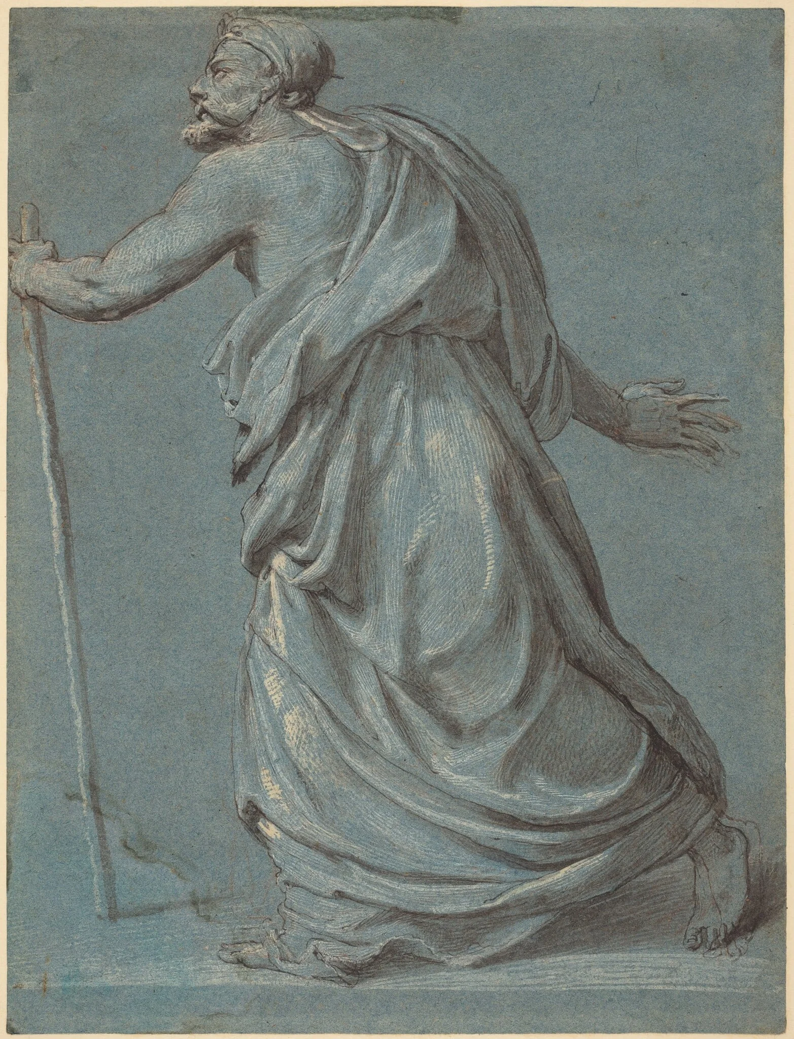 Study of a Man Walking towards the Left Holding a Staff, by Girolamo Siciolante, ink, 1550