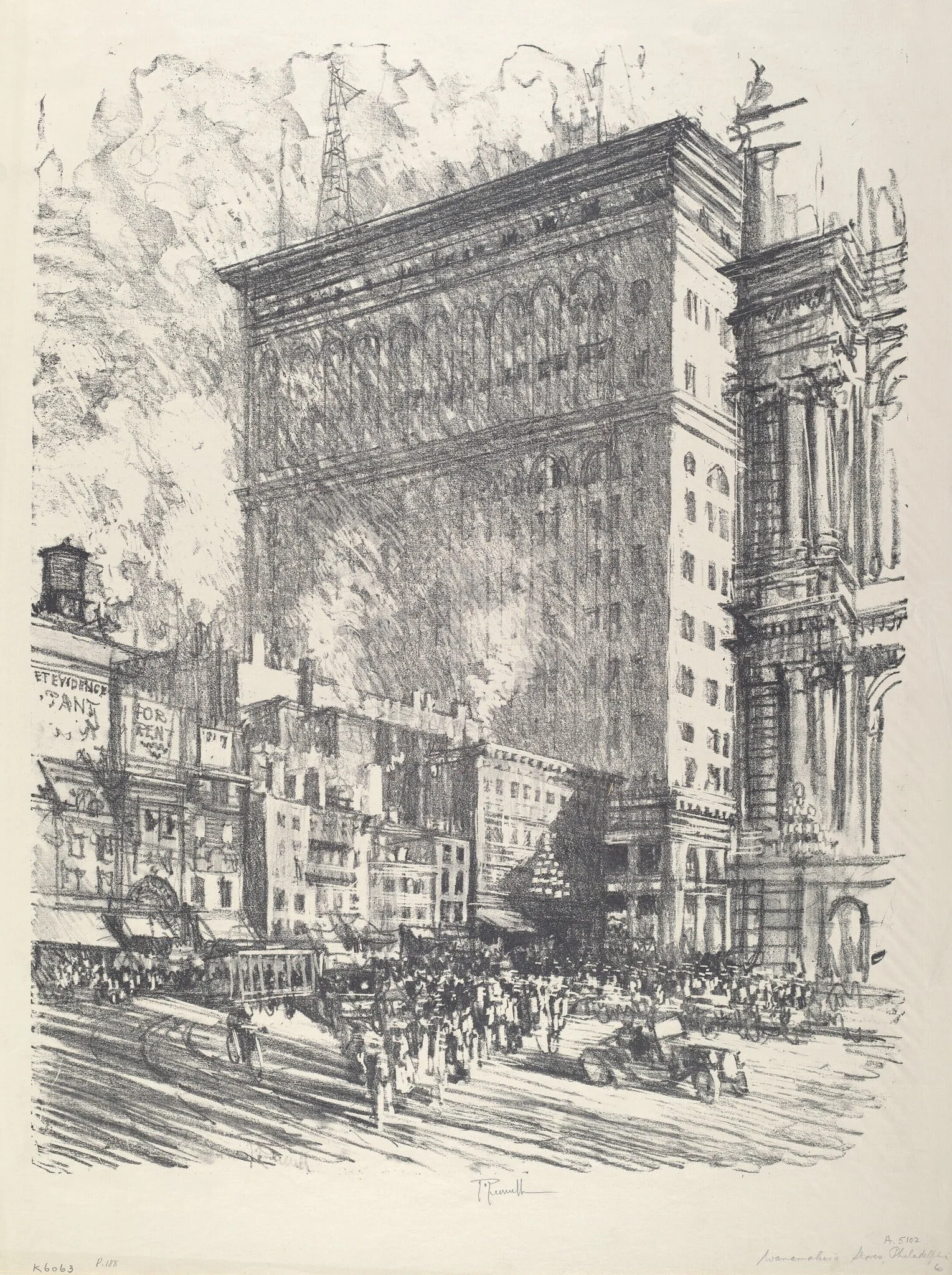 City Hall Square and Wanamaker Building, by Joseph Pennell, ink, 1912