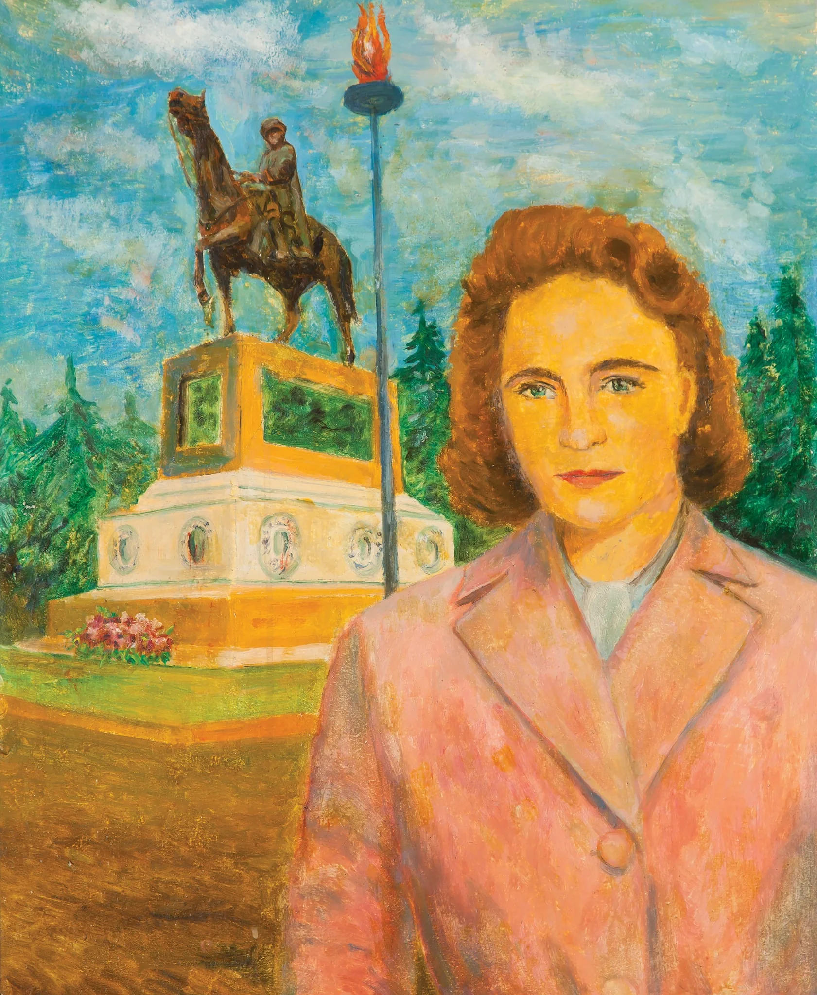 Tablou, ulei pe pânză, Elena Ceaușescu în fața monumentului lui Ataturk, semnat stânga jos Rami Uluer, nedatat. Oferit de autor, președinte al Asociației Pictorilor Turci din Ankara (1985)., by Rami Uluer