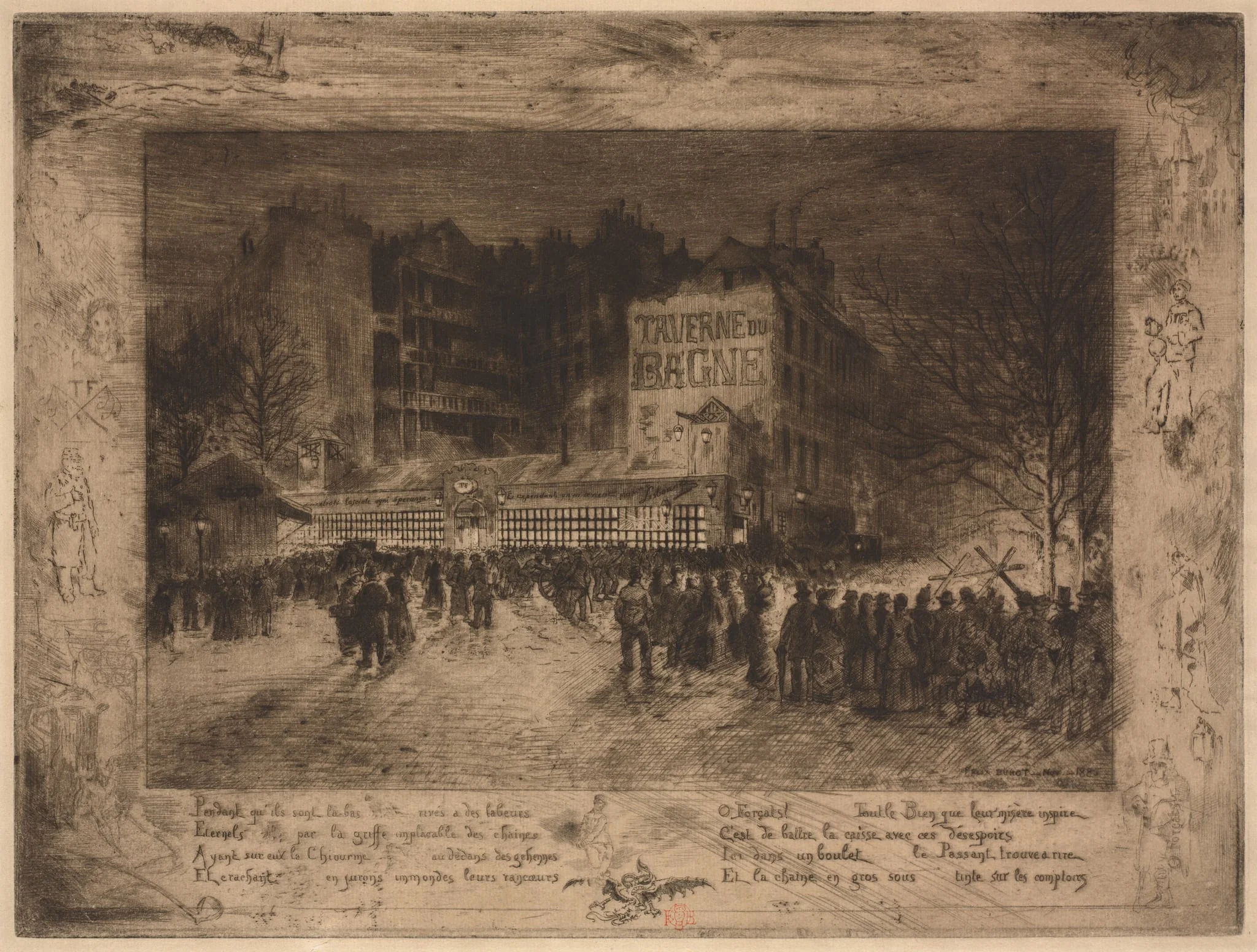 La Place des Martyrs et la Taverne du Bagne, by Félix-Hilaire Buhot, 1885