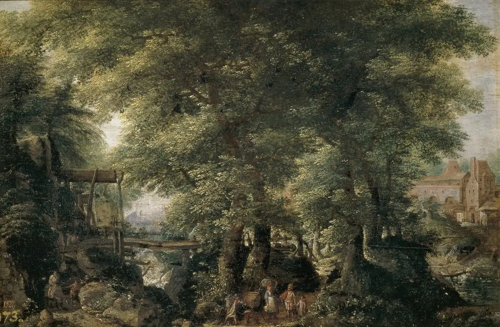 Wooded landscape with a lake on the left and a stream on the right