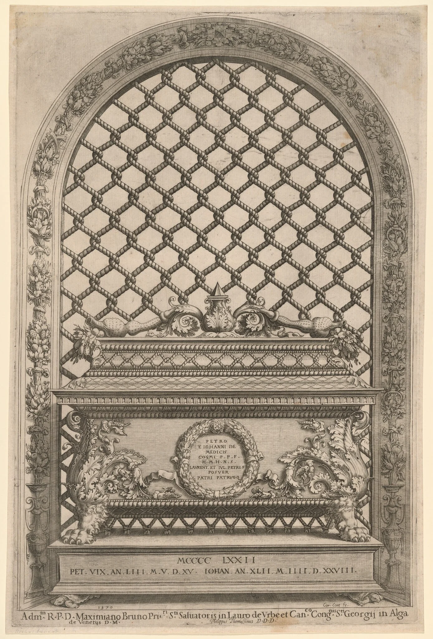 The Grill of the Tomb of Piero and Giovanni de' Medici, by Cornelis Cort, ink, 1570