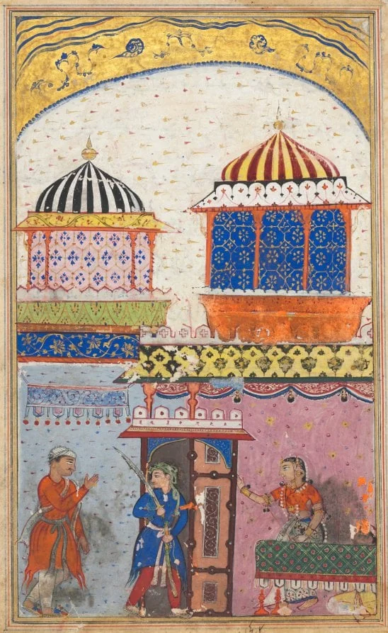 A woman asks her lover to leave her house, brandishing his sword and feigning rage in order to deceive her husband who has just arrived, from a Tuti-nama (Tales of a Parrot): Eighth Night, by Gujarati, unspecified, 1560