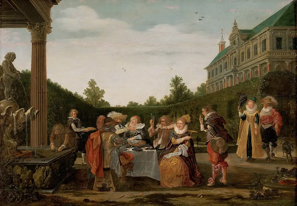 Banquet in a palatial garden, with an elegant company drinking and in conversation