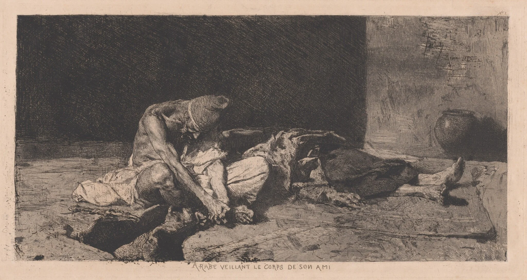 Arabe veillant le corps de son ami (Arab Watching over the Body of His Friend), by Mariano Fortuny Marsal, ink, 1866
