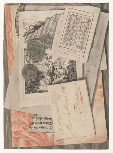 Tromp l'oeil composition showing overlapping  drawings and engravings, a page from a calendar, some  coins and a franked envelope addressed to Monsieur Antoine Sielli, Florence
