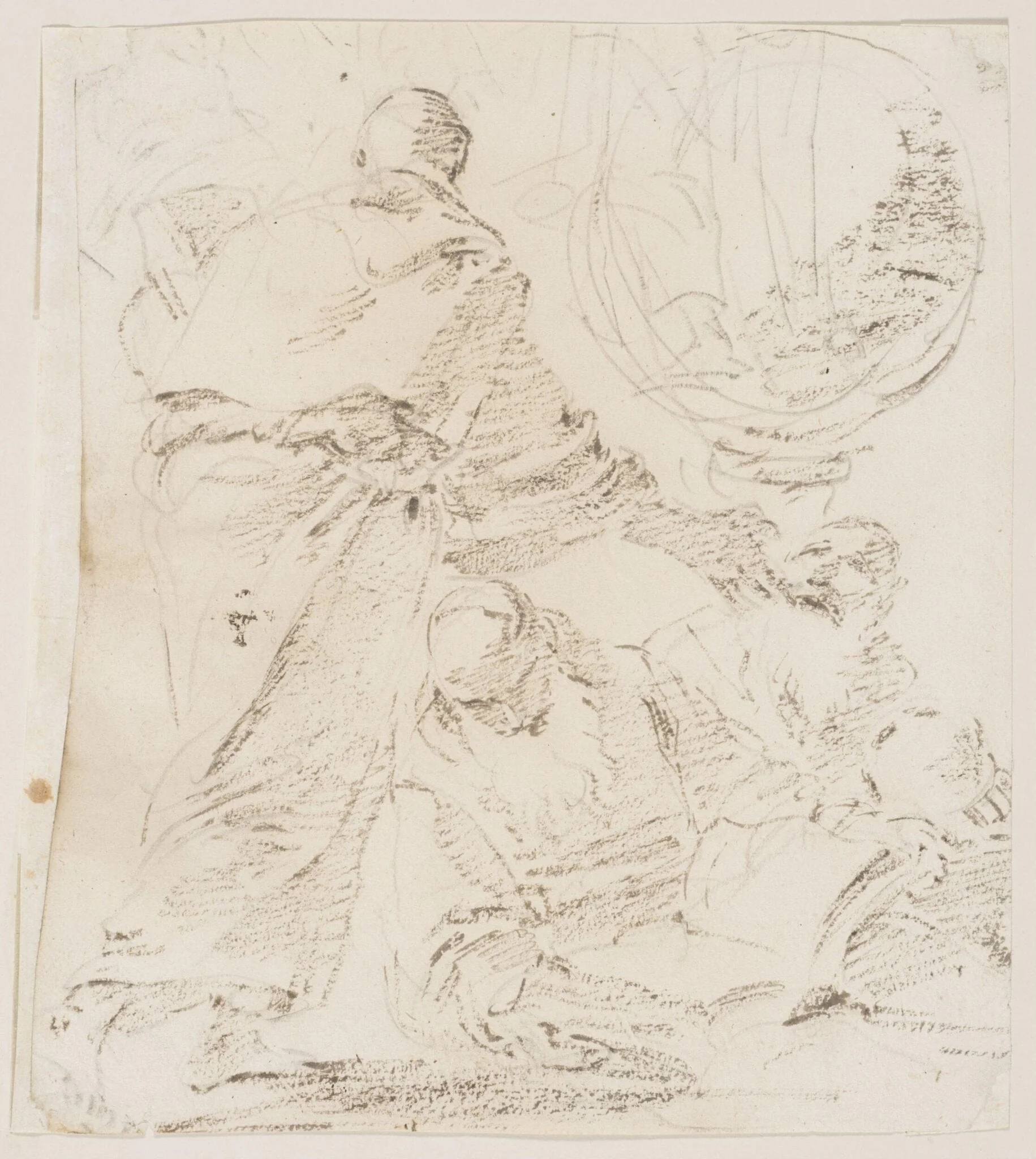 Recto: Three monks; verso: Slight sketch of a woman reclining, above: The lower portion of another figure