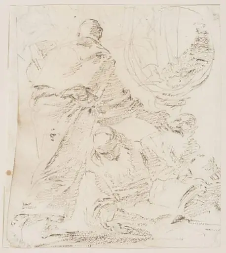 Recto: Three monks; verso: Slight sketch of a woman reclining, above: The lower portion of another figure