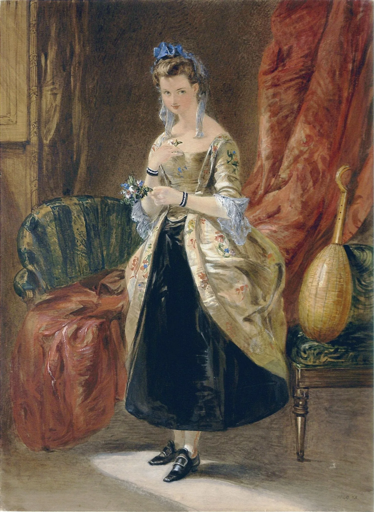 Dressed for a Ball: Girl with a Mandoline, by Frank Stone, watercolor, 1820