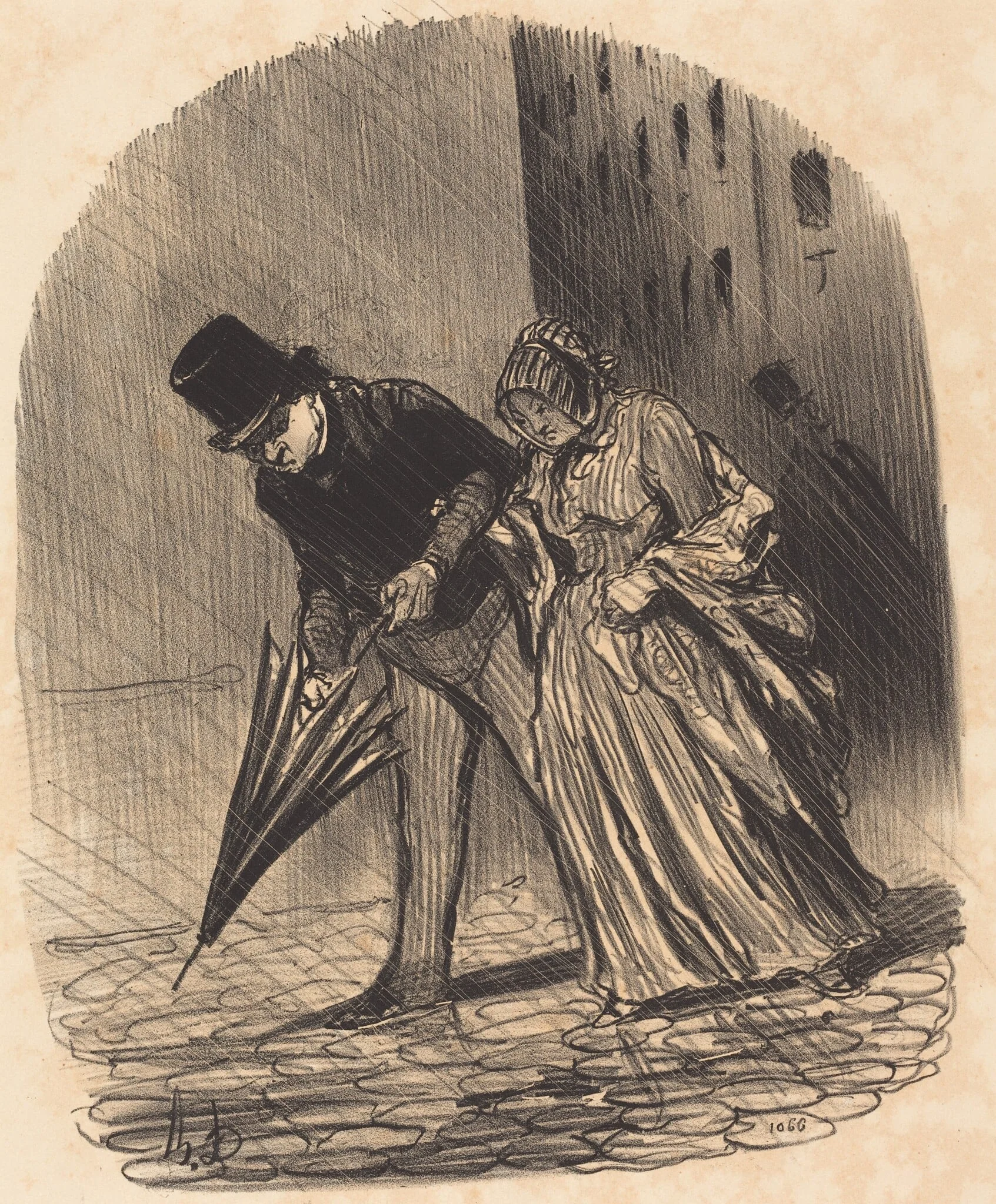 Inconvénient d'un parapluie a ressorts trop compliqués, by Honoré Daumier, ink, 1847