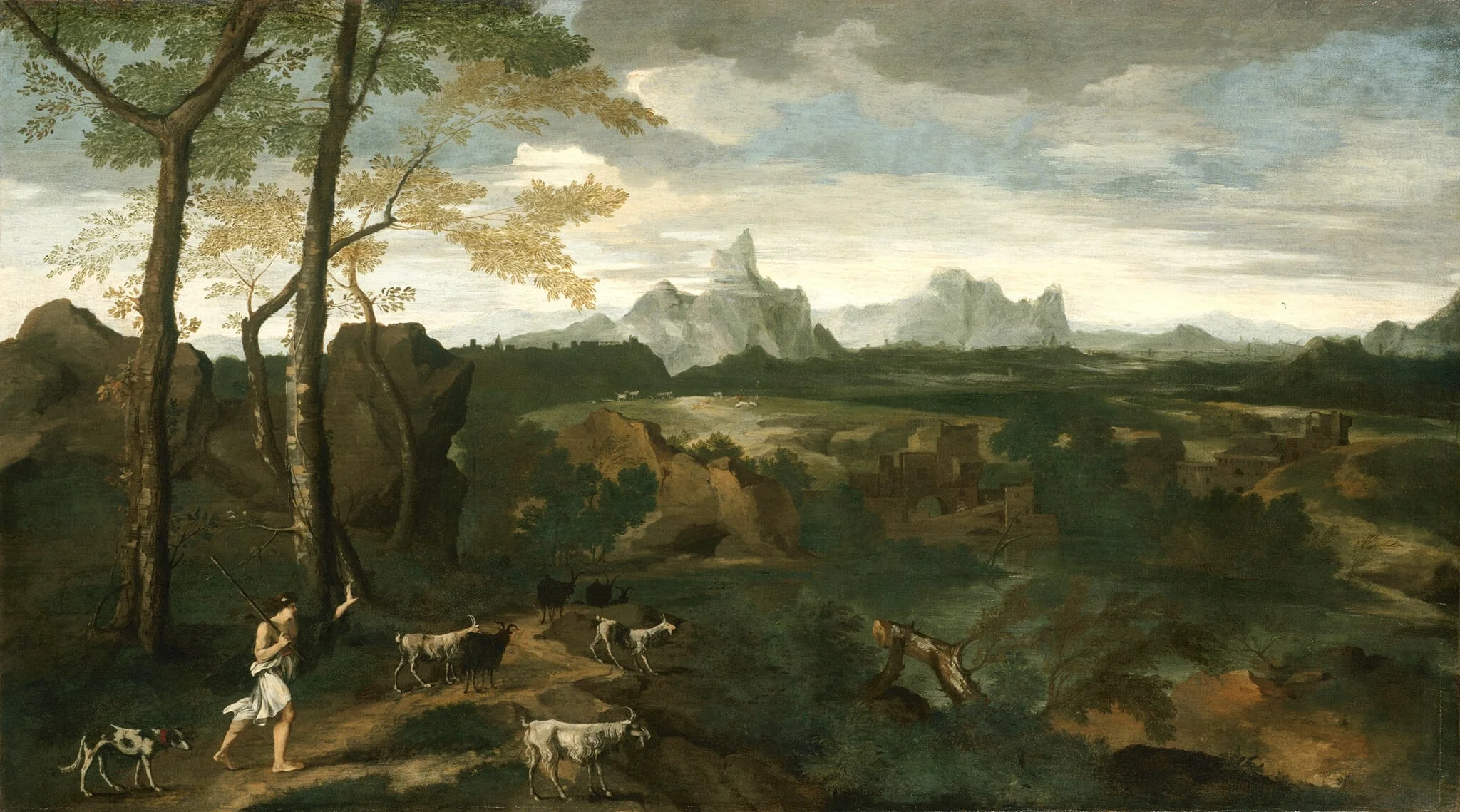 Landscape with a Herdsman and Goats, by Gaspard Dughet, oil, 1635