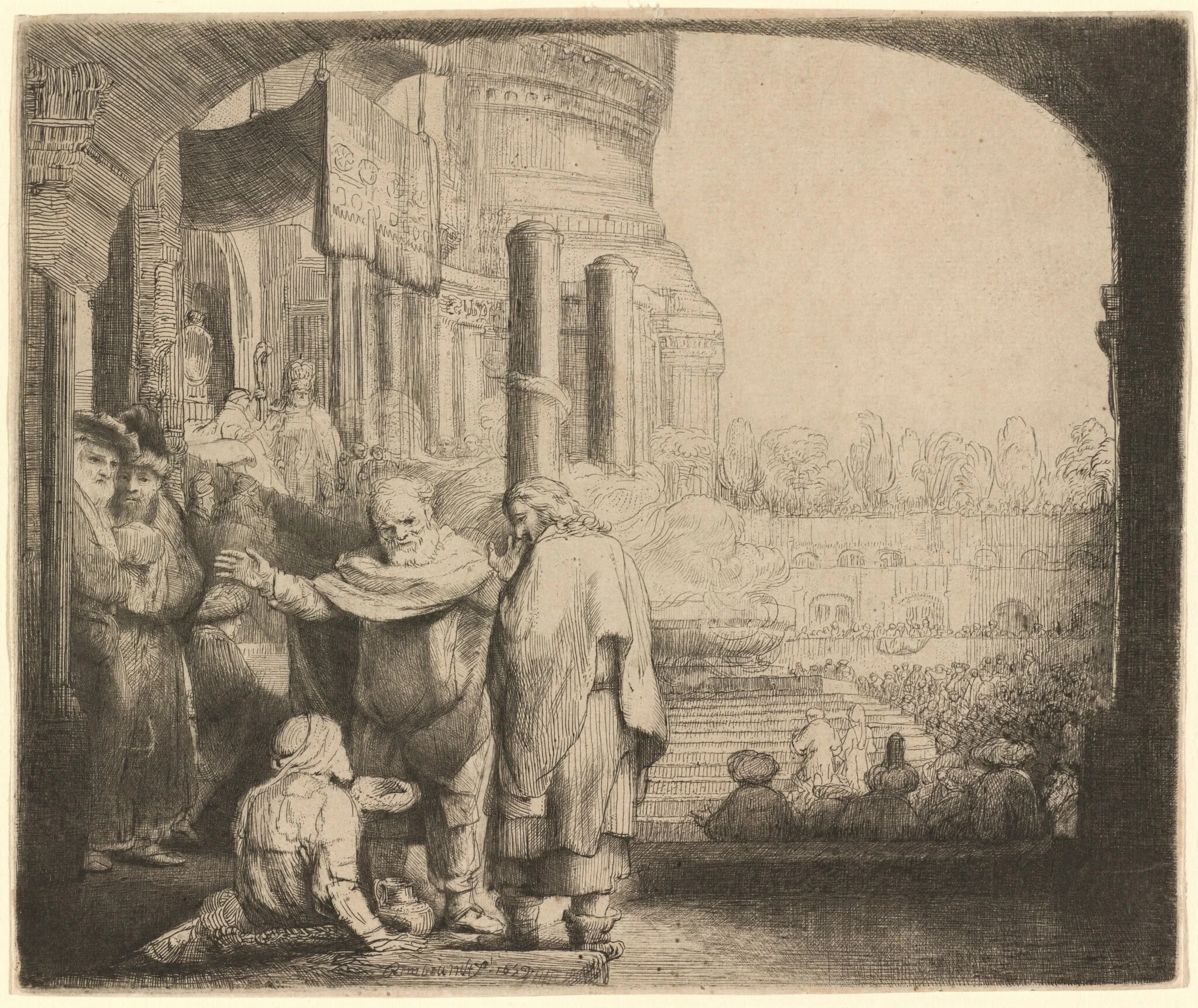 Peter and John Healing the Cripple at the Gate of the Temple, by Rembrandt, ink, 1659