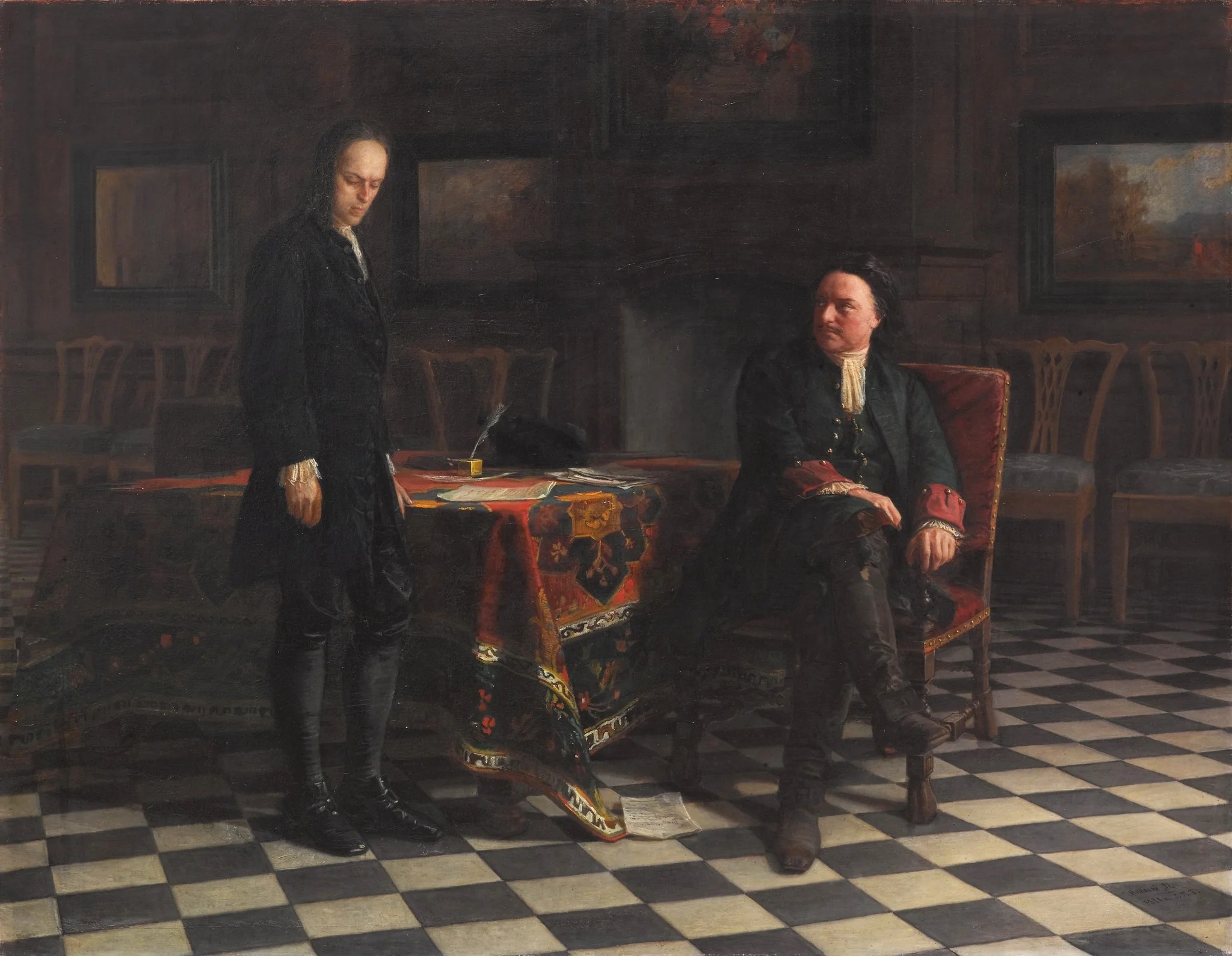 Peter the Great Interrogating the Tsarevich Alexei Petrovich at Peterhof, by Nikolai Ge, unspecified, 1871