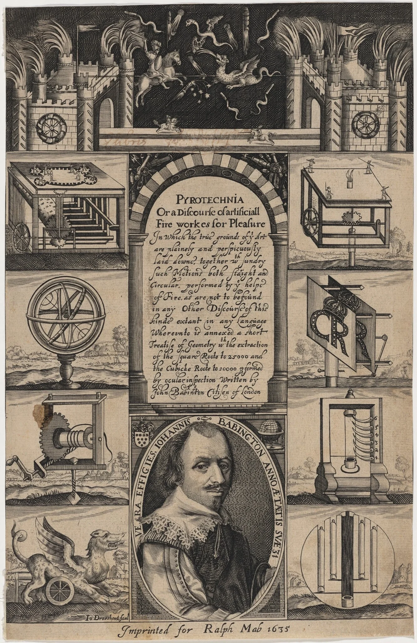 John Babington, Pyrotechnia, by John Droeshout, ink, 1635