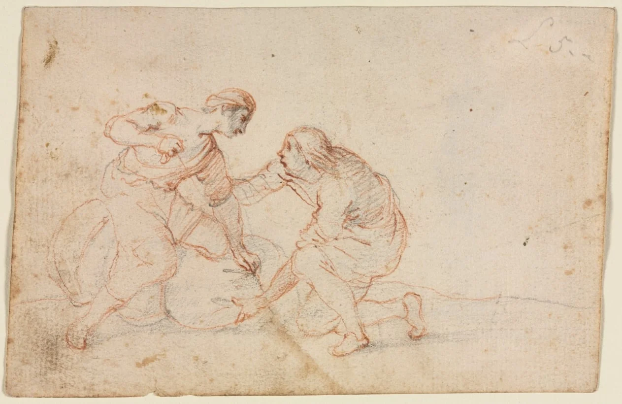 Two Men Tying a Bundle (recto), by Unknown, 1604