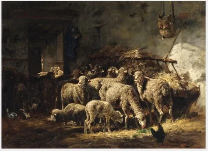Sheep in a Barn, by Charles Jacque, oil, 1867