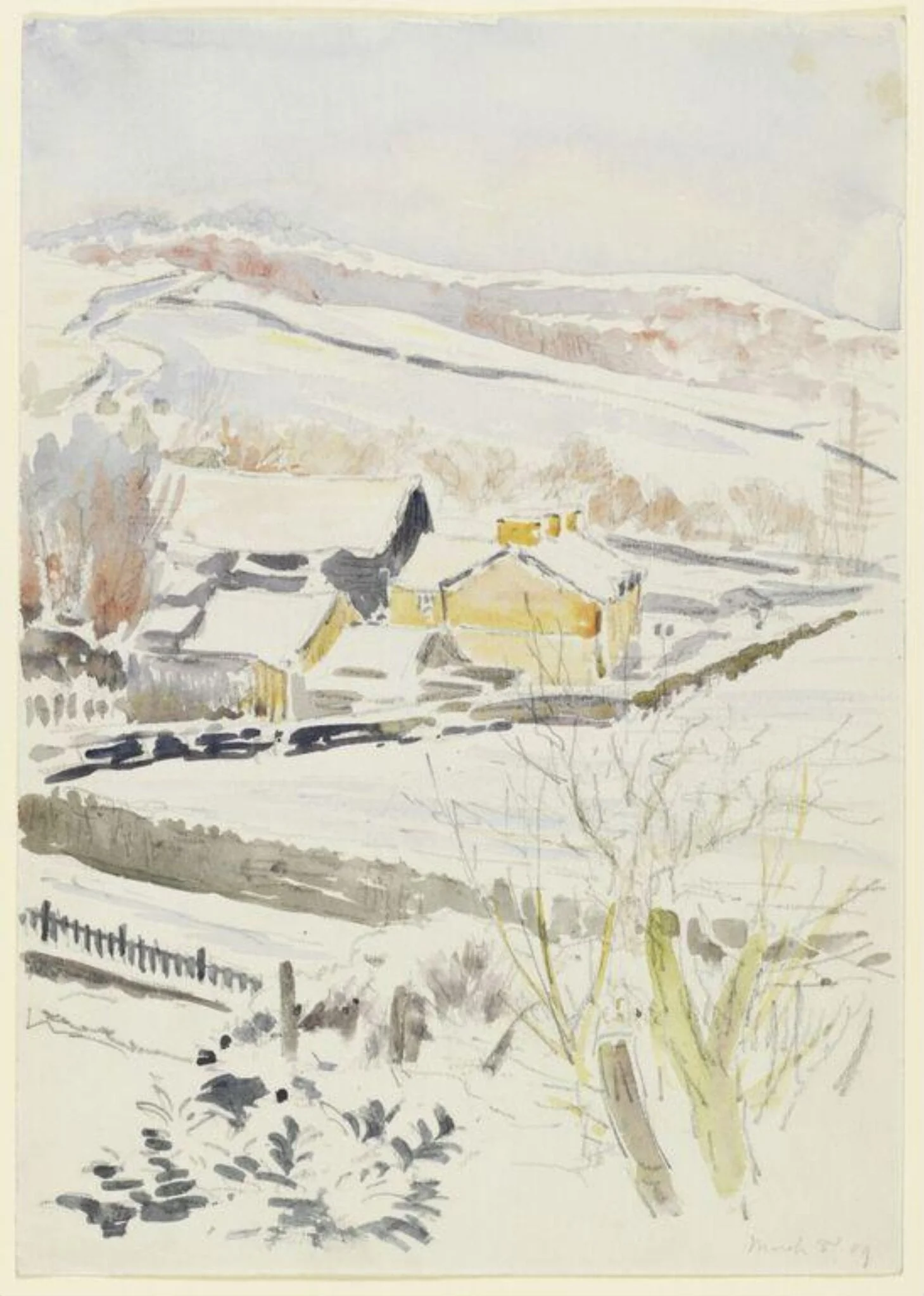 Snow scene showing a farm with outbuildings, and hillside beyond (near Sawrey)