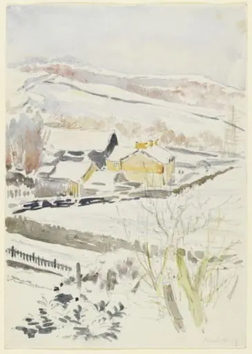 Snow scene showing a farm with outbuildings, and hillside beyond (near Sawrey)