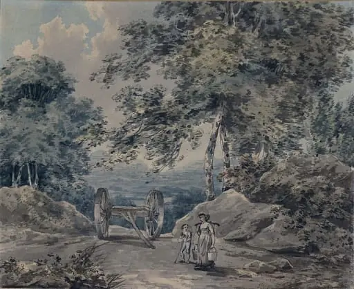 Landscape with timber wagon and figures