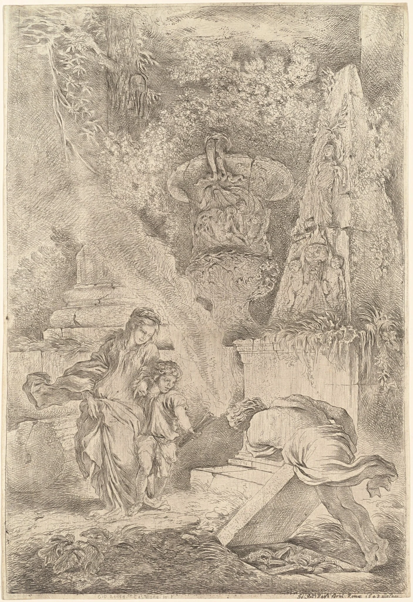 Theseus Finding Aegeus' Arms, by Giovanni Benedetto Castiglione, ink, 1645
