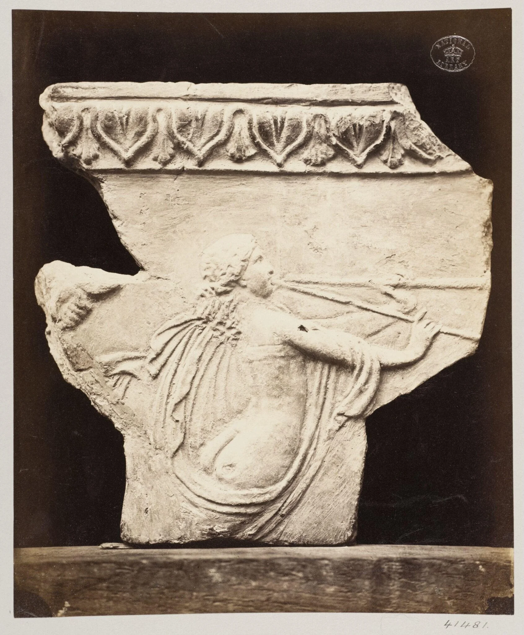 Female figure playing on pipe, bas-relief fragment in terra cotta, by Louise Laffon, photographic, 1864