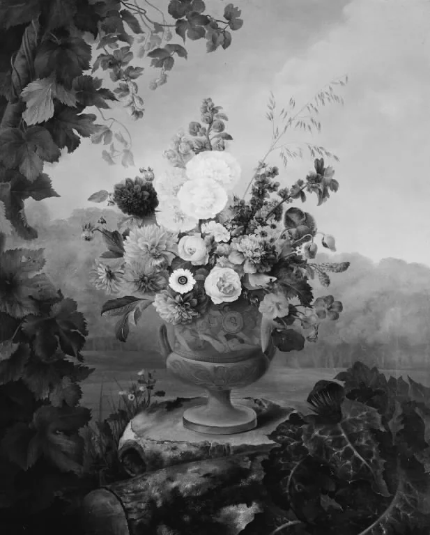 Vase i græsk stil med blomster, stående på en træstub, by Hermania Neergaard, oil, 1832