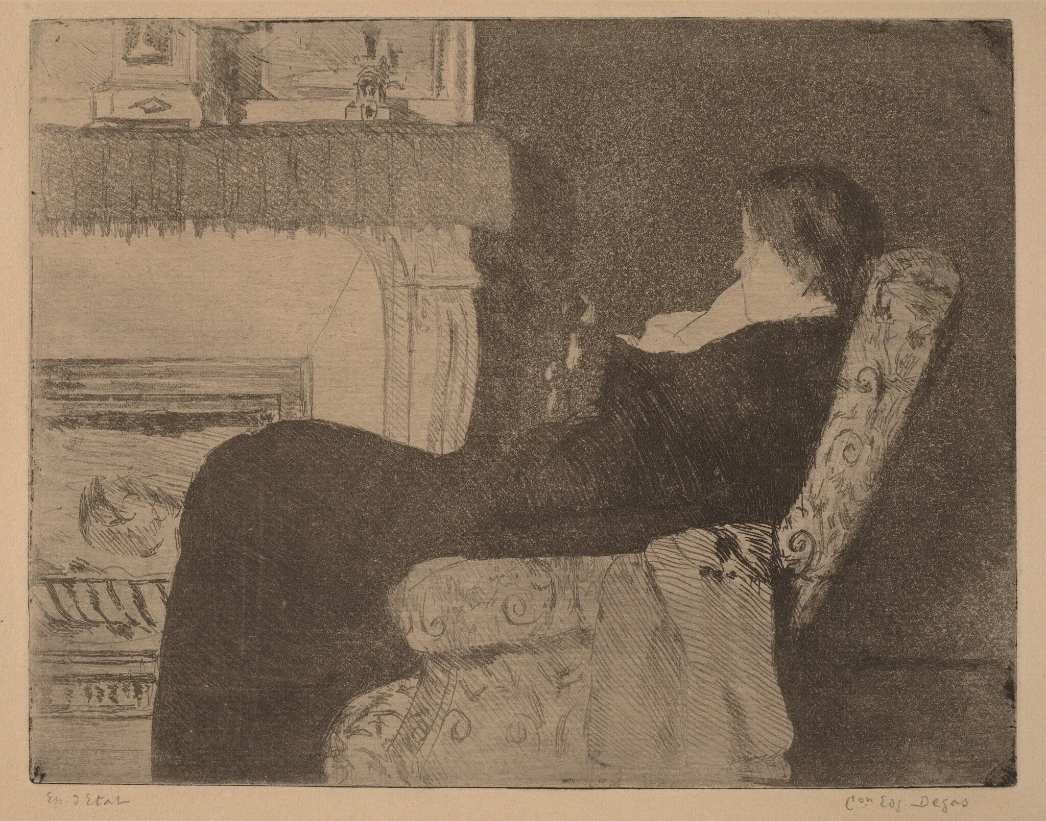 Before the Fireplace (No. 1), by Mary Cassatt, ink, 1882