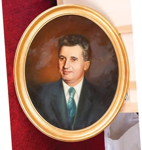 Tablou, ulei pe pânză, portret Nicolae Ceaușescu, atribuit Corneliu Brudașcu. Oferit de Uniunea Artiștilor Plastici (1979).
