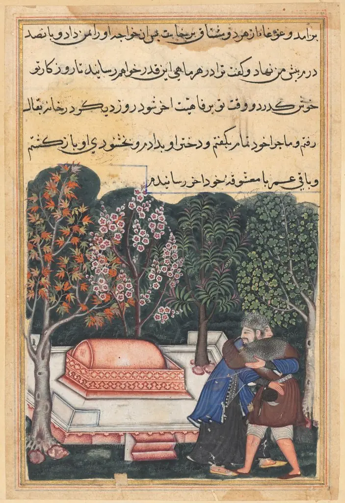 The young man of Baghdad reunited with his slave-girl, from a Tuti-nama (Tales of a Parrot): Forty-eighth Night