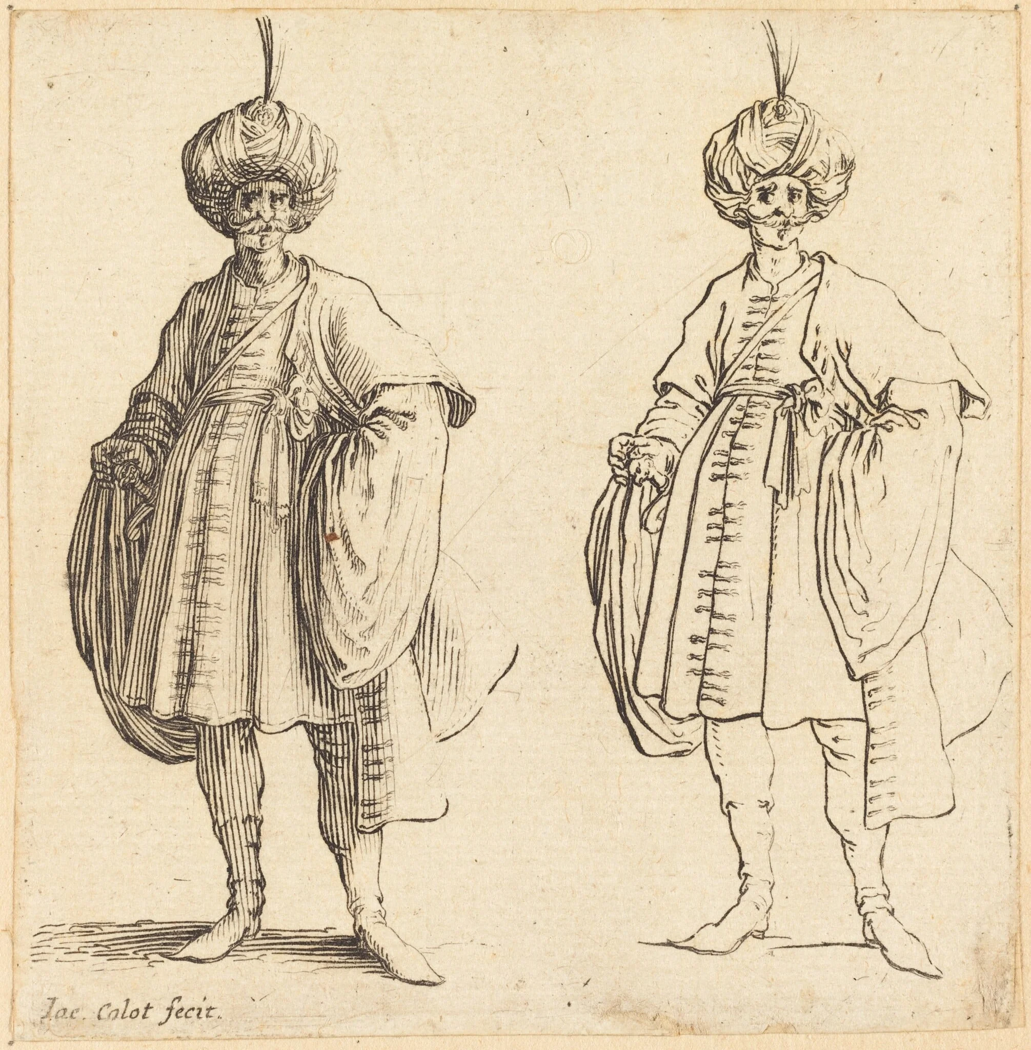 Two Turks Dressed in Turbans with a Plume, by Jacques Callot, ink, 1620