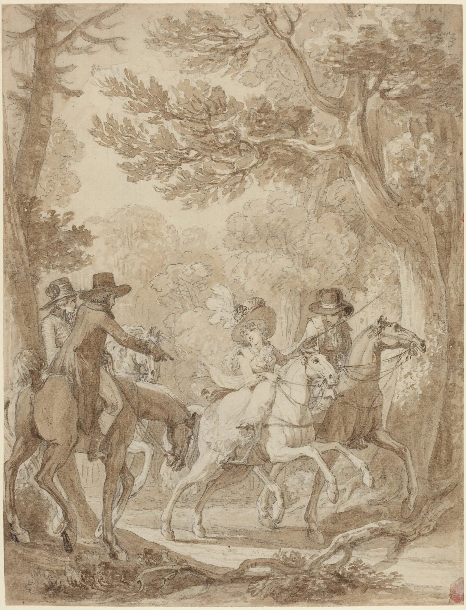 Lady and Gentlemen Riding in a Park, by Jean-Michel the Younger Moreau, ink, 1778