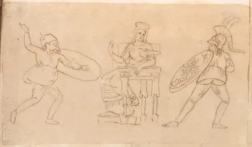 Comic Warrior, Seated Woman, and Figure with a Shield