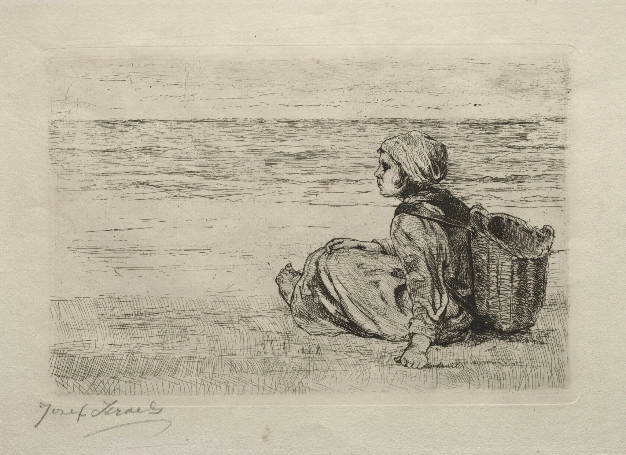 Girl with basket seated on the shore, by Jozef Israëls, 1879