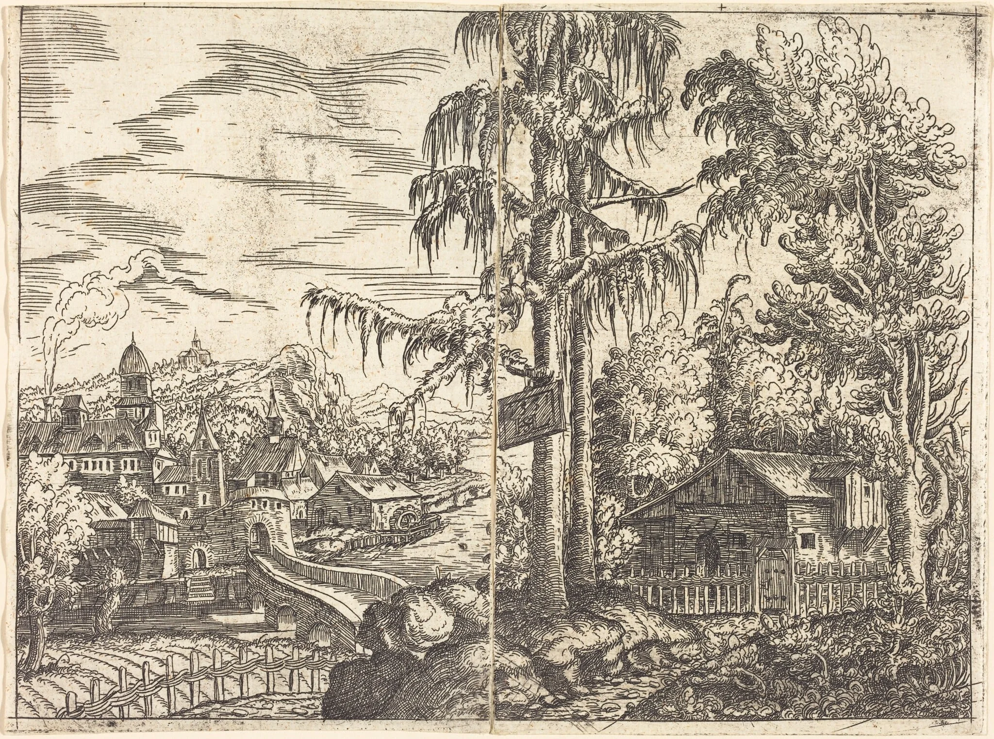 Landscape with View of a Farmer's Cottage and a Town near a River, by Hanns Lautensack, ink, 1551
