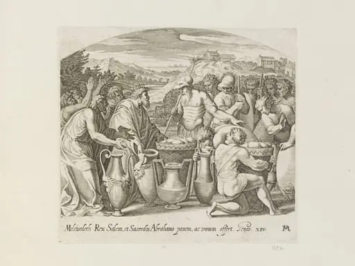 Melchizedek offering bread and wine to Abraham