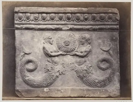 Bas-relief portion of frieze with tritons in terra cotta