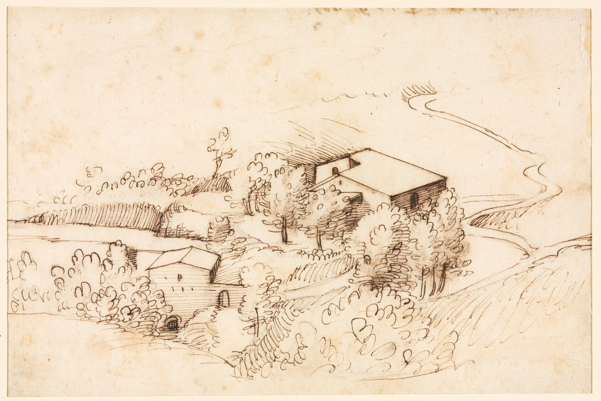 Farm with Trees in a Hilly Landscape (verso), by Gherardo Cibo, 1567