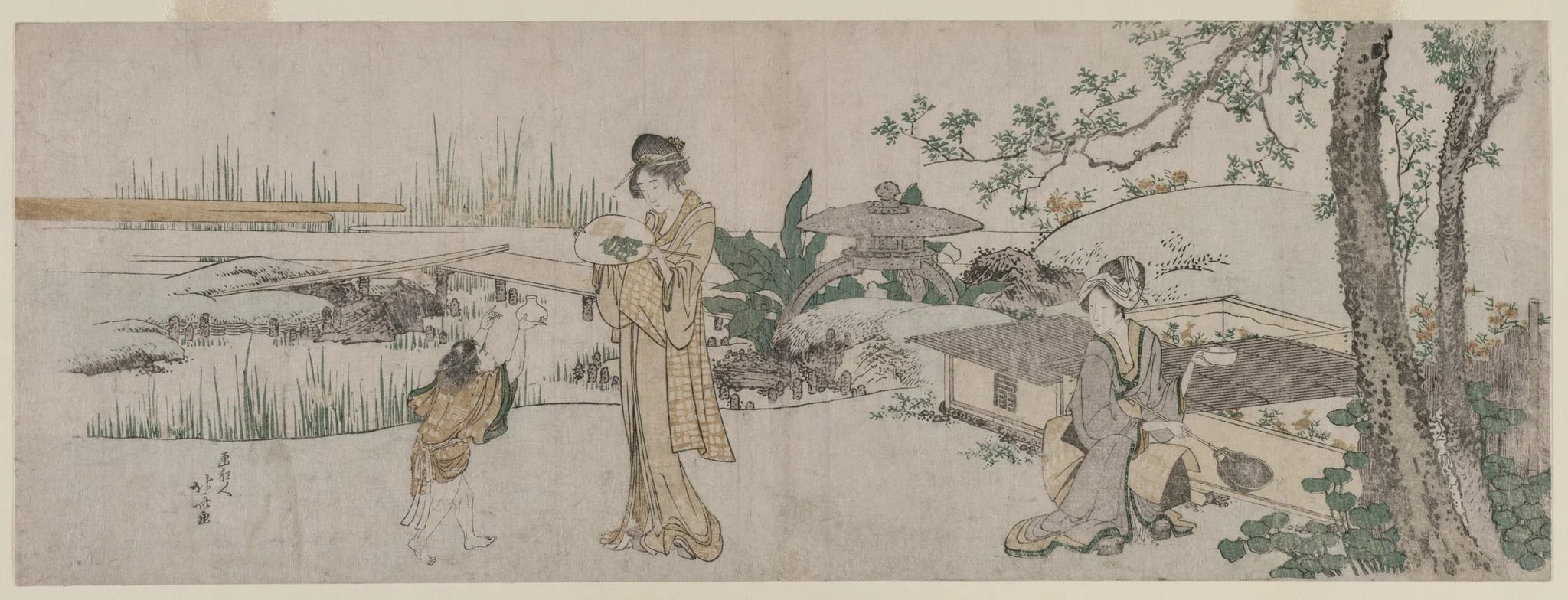 Two Women and a Child Beside a Goldfish Tank