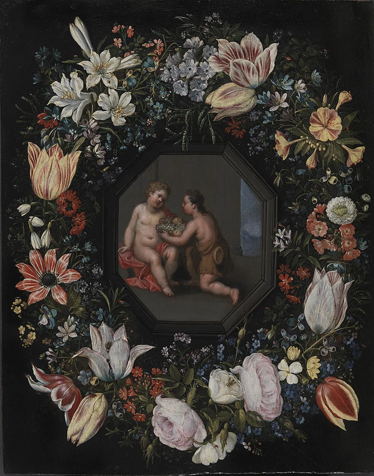 Wreath of flowers with Jesus and the infant John