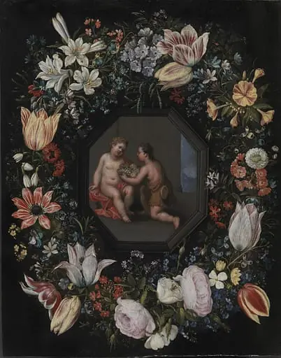 Wreath of flowers with Jesus and the infant John