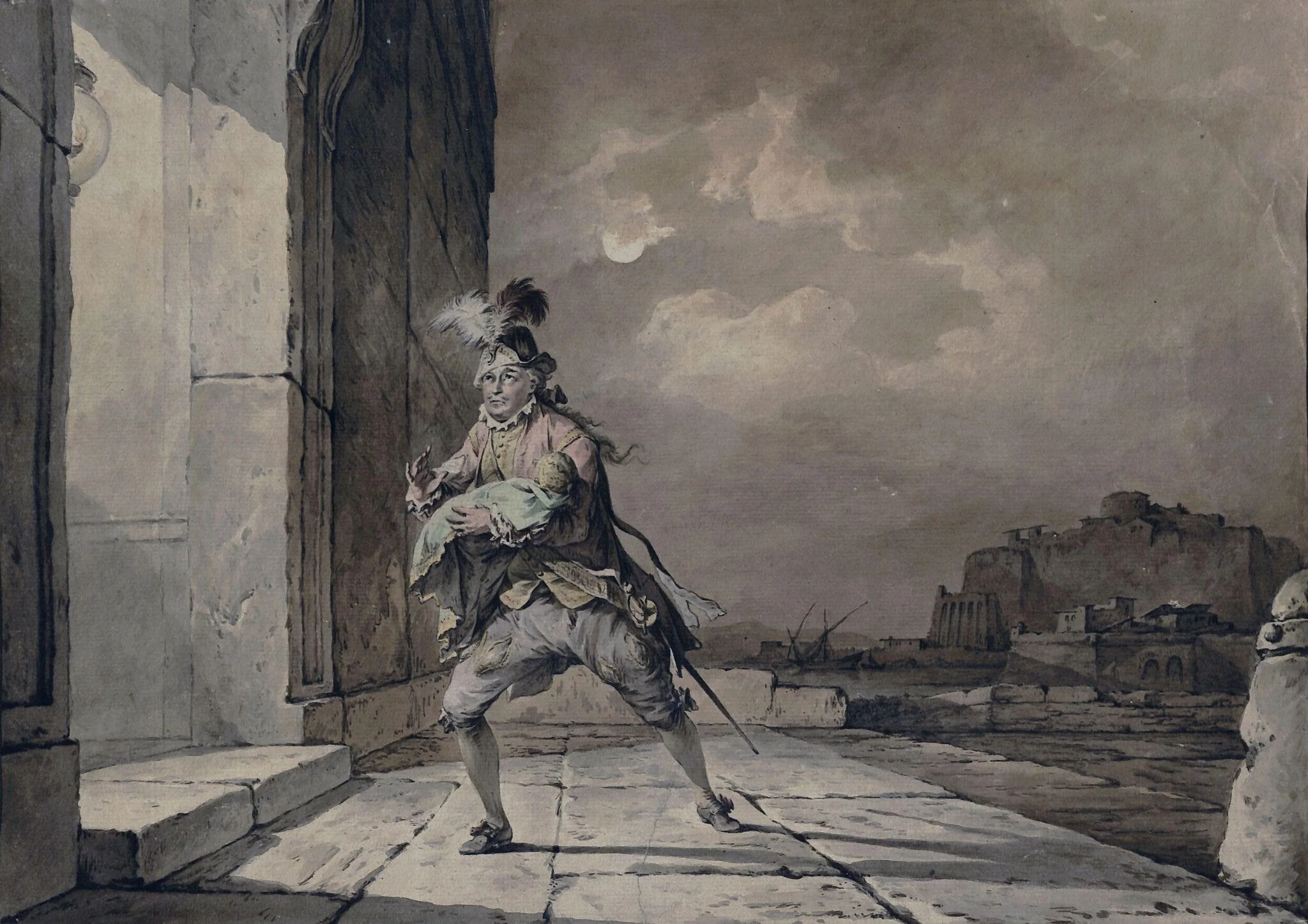 David Garrick as Don John in his adaptation of 'The Chances' by Beaumont and Fletcher, Act 1, Scene 2, with a view intended to be Naples in the background, by Philip James de Loutherbourg, watercolor, 1774
