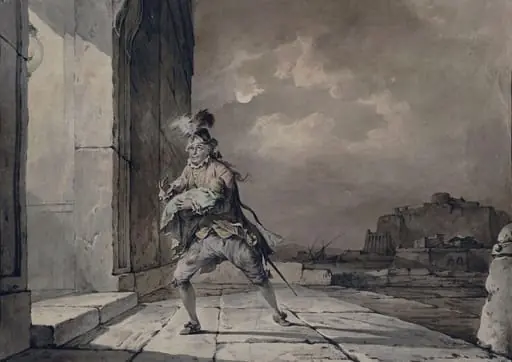  David Garrick as Don John in his adaptation of 'The Chances' by Beaumont and Fletcher, Act 1, Scene 2, with a view intended to be Naples in the background