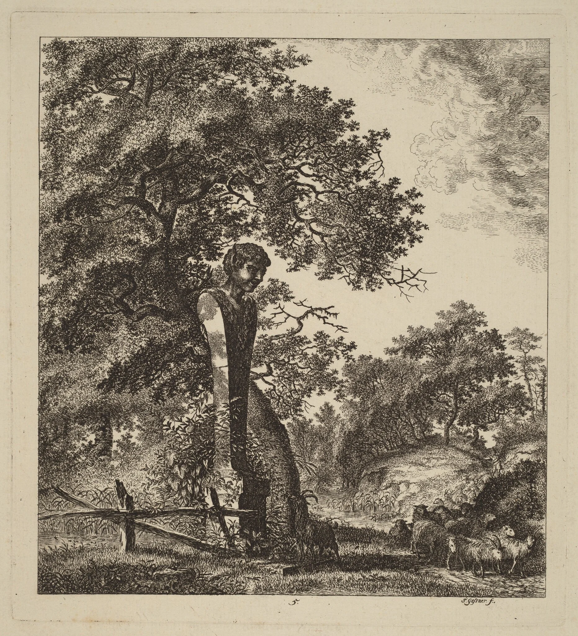 Wooded Landscape with a Herd of Goats and a Herm, by Salomon Gessner, ink, 1764