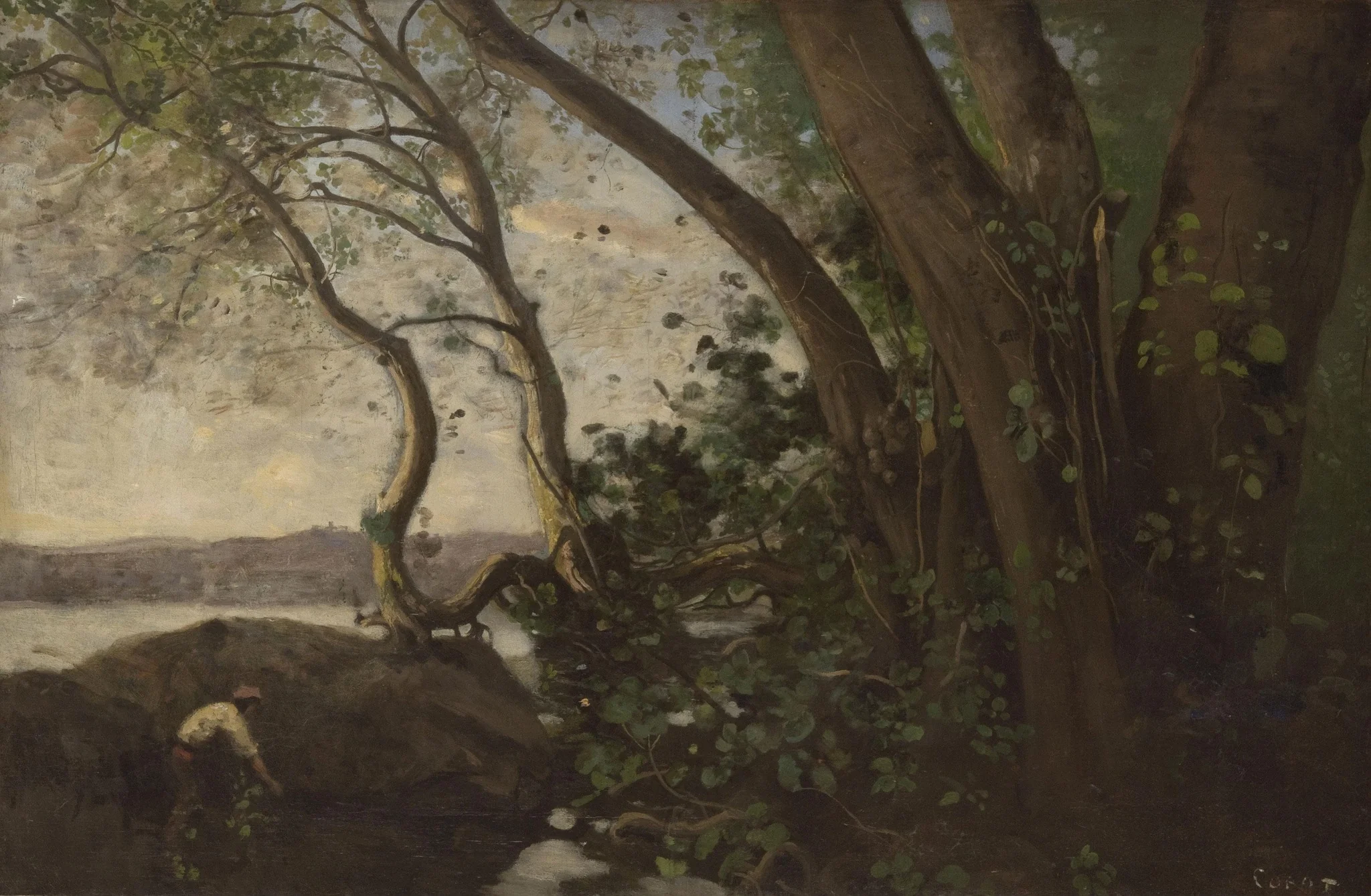 Edge of Lake Nemi, by Jean Baptiste Camille Corot, oil, 1843