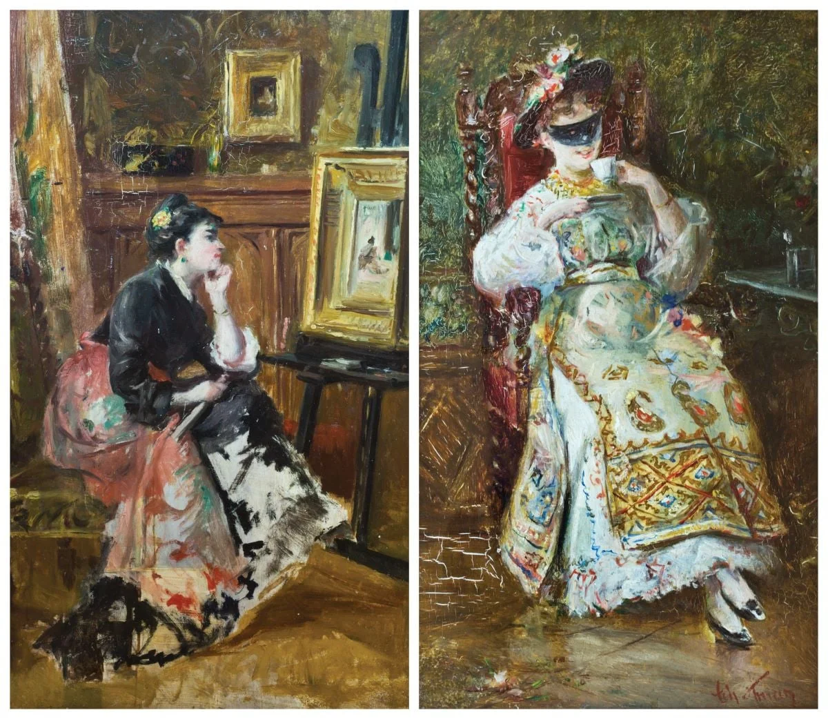 Femeie privind un tablou pe șevalet/verso: Femeie cu mască, în costum național, studiu în ulei, by Theodor Aman, unspecified, 1884