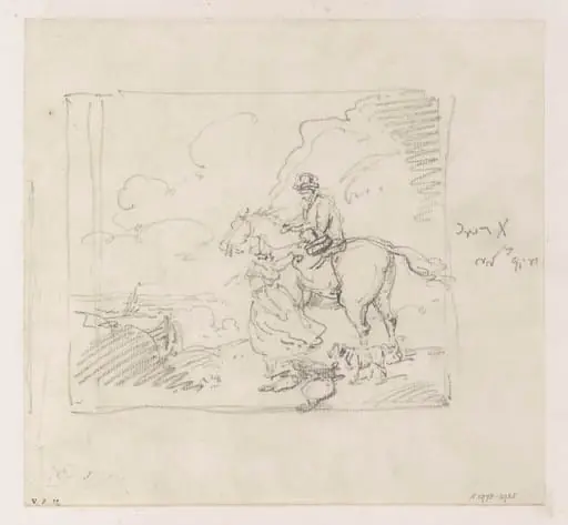 A horseman approached by a woman selling fish