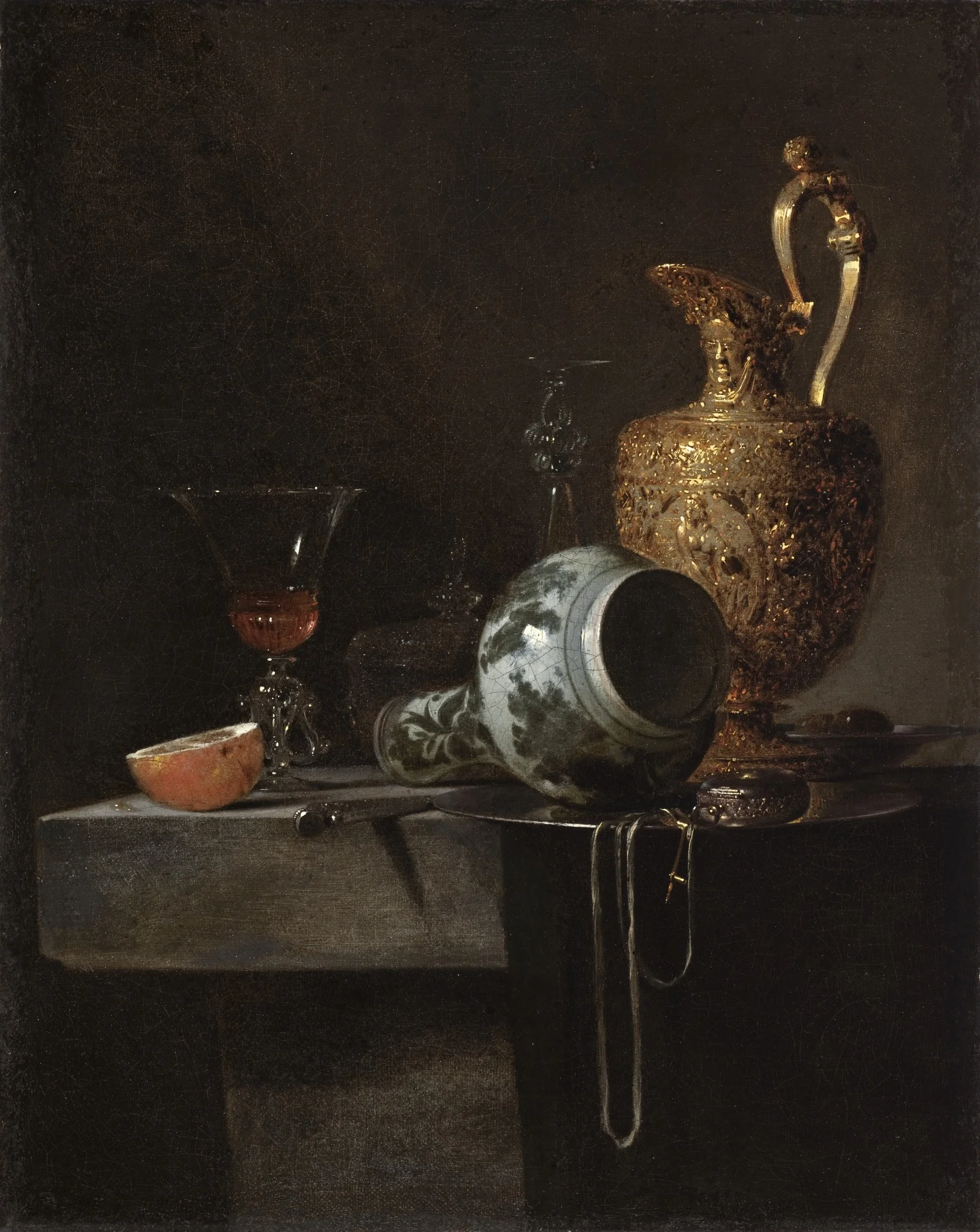 Still Life with a Porcelain Vase, Silver-gilt Ewer and Glasses, by Willem Kalf, oil, 1643