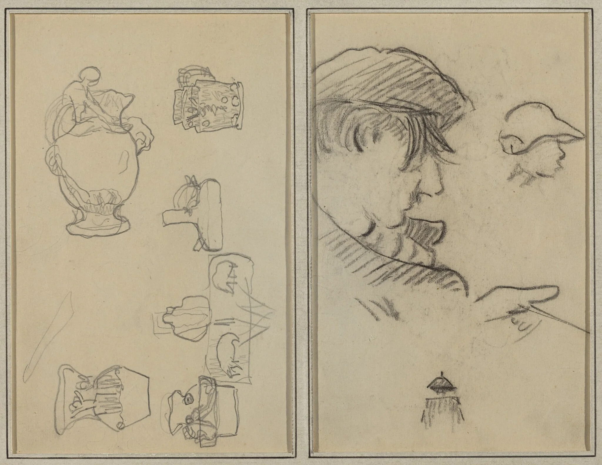Studies of Jugs and Vases; A Man with Moustache and a Boy with a Hat [recto], by Paul Gauguin, graphite, 1886