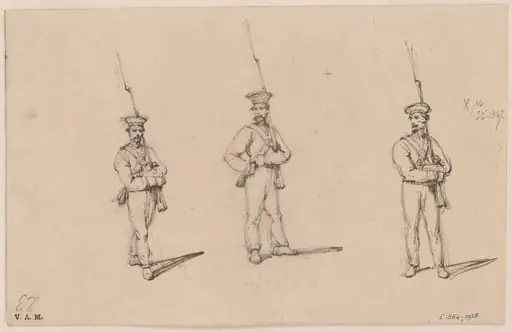 Three drawings of soldiers