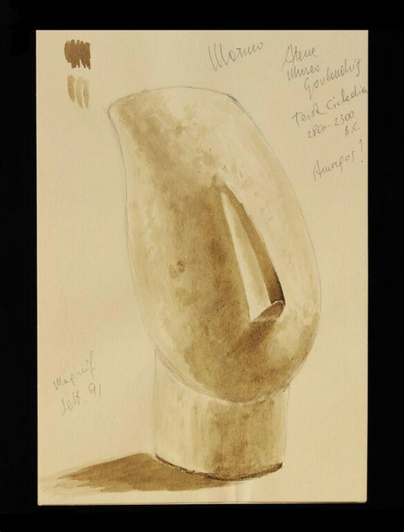 Sketchbook of 28 leaves of yellow wove paper, 29  pages blank, ring bound with stiff card covers,  containing designs for jewellery, necklaces, bracelets, rings, candlesticks, pendants, cigarette cases, spoons, an evening bag, a drawing of an arab's head after  Delacroix, sketches of cycladic sculpture, a mosque in  Iran, an Etruscan bronze vessel, an Etruscan warrior  and two sketches of a rocky headland, Capri [?]., by Dr Emanuele Pantanella, 1992